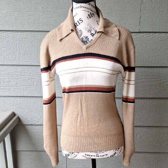 Vintage Sweaters - Vintage 70's Dagger Collar Striped Vneck Long Sleeve Sweater Size Small  Tan